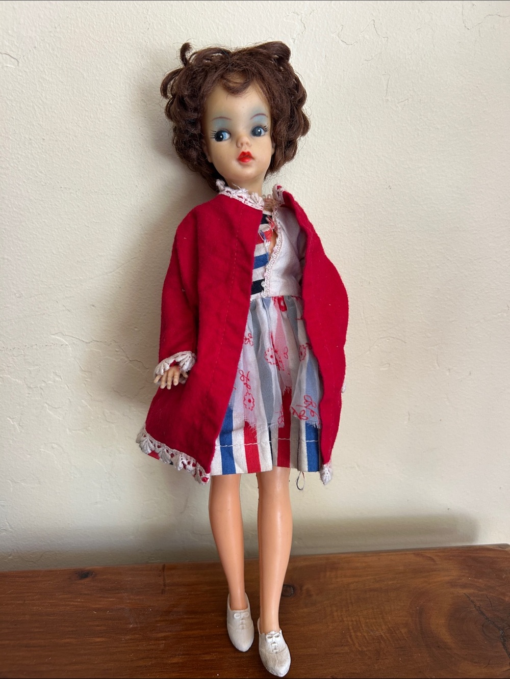 Vintage 1960s English Sindy Doll w/ Red White & Blue Dress & Coat Auburn Hair